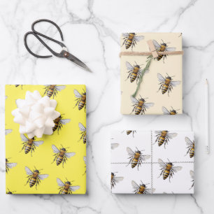 Honey Bee Pattern Yellow White Beige Wrapping Paper Sheet