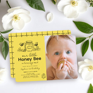 Honey Bee Photo Yellow Hand-drawn 1st Birthday Invitation
