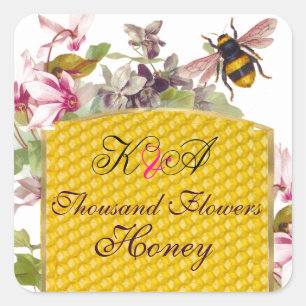 HONEY BEE,PINK CYCLAMEN FLOWERS BEEKEEPER MONOGRAM SQUARE STICKER
