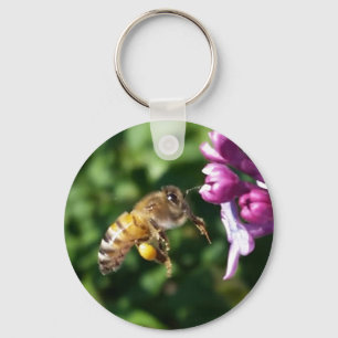 Honey Bee Pollinating Purple Lilacs Keychain