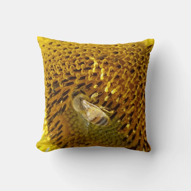 Honey Bee Pollinating Sunflower Blossom Throw Pillow (Front)