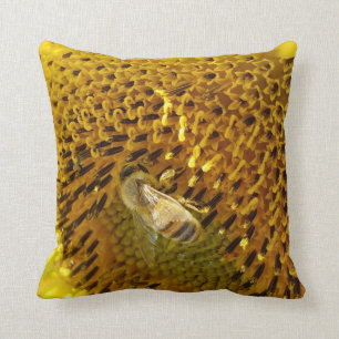 Honey Bee Pollinating Sunflower Blossom Throw Pillow