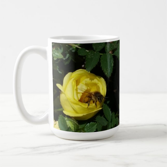 Honey Bee Pollinating Yellow Rose Coffee Mug (Left)