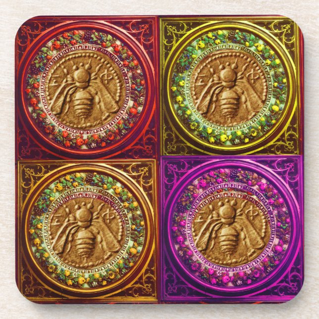 HONEY BEE / RED GREEN FLORENTINE FLORAL CROWN COASTER (Front)