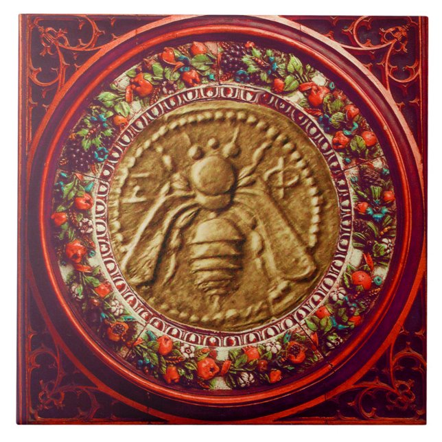 HONEY BEE / RED GREEN FLORENTINE FLORAL CROWN TILE (Front)