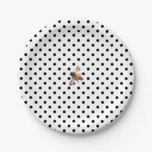 Honey Bee   retro black white polka-dot pattern Paper Plate