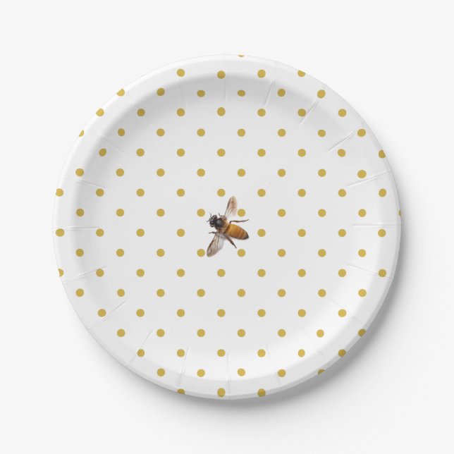 Honey Bee | retro gold and white polka-dot pattern Paper Plate (Front)