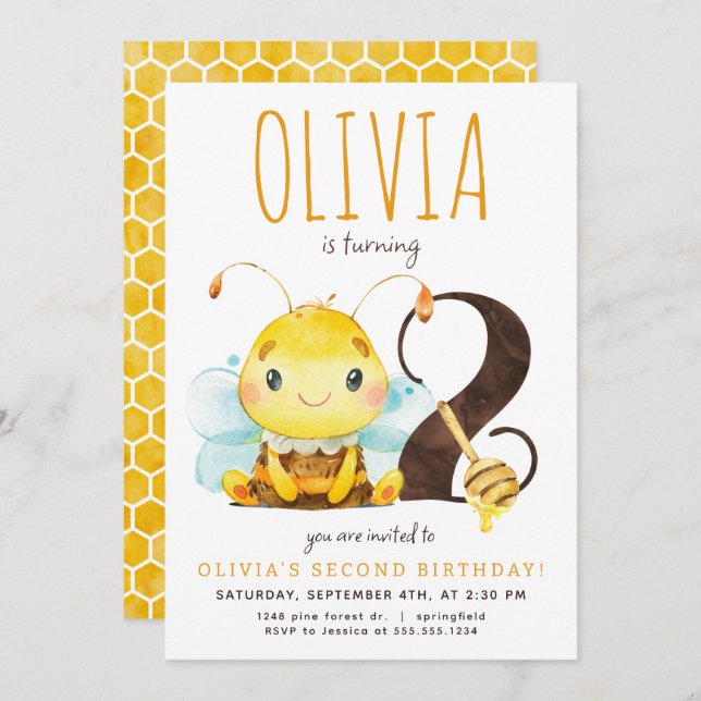 Honey Bee Second Birthday Invitation (Front/Back)