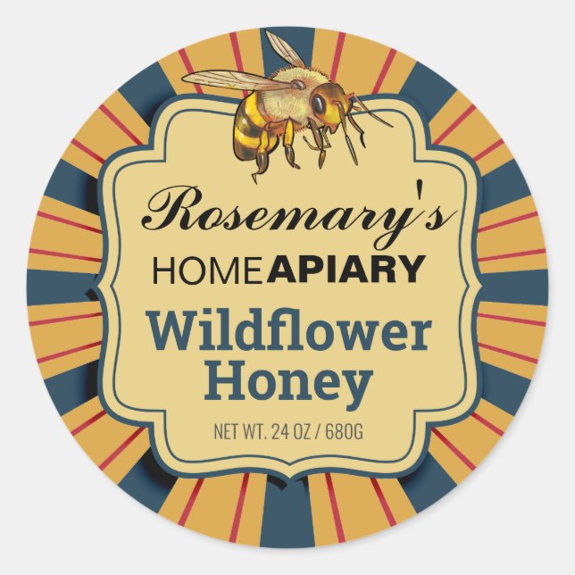 Honey Bee Sunburst Modern Gold Honey Jar Labels (Front)