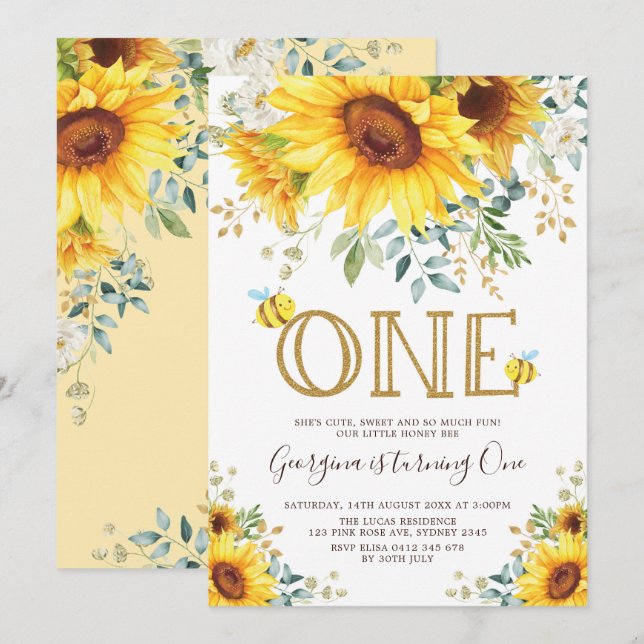 Honey Bee Sunflower 1st Birthday Summer Floral Invitation (Front/Back)