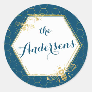 Honey Bee Teal Gold Custom Name Sticker Wedding