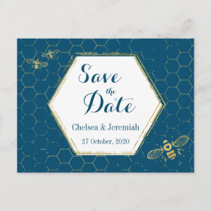 Honey Bee Teal Gold Pattern Save the Date Postcard