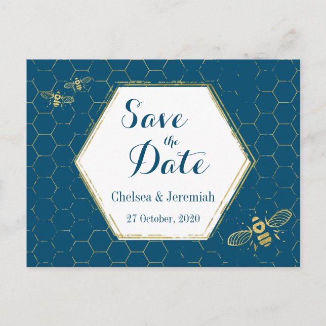 Honey Bee Teal Gold Pattern Save the Date Postcard (Front)
