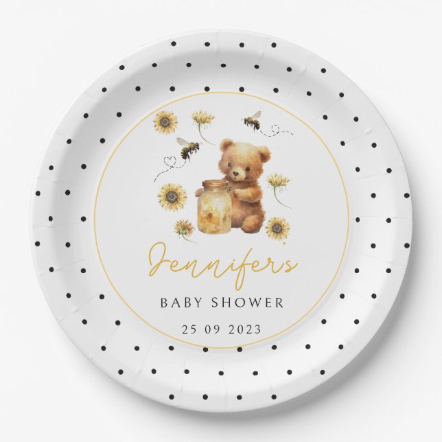 Honey bee teddy bear polka dots baby boy shower paper plate (Front)