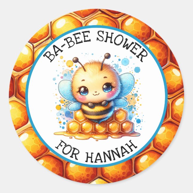 Honey bee themed Boy's Baby Shower Personalized Classic Round Sticker (Front)