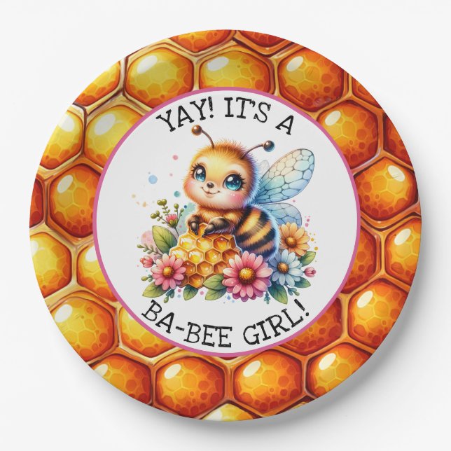 Honey bee themed Girl's Baby Shower  Paper Plate (Front)