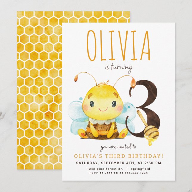 Honey Bee Third Birthday Invitation (Front/Back)