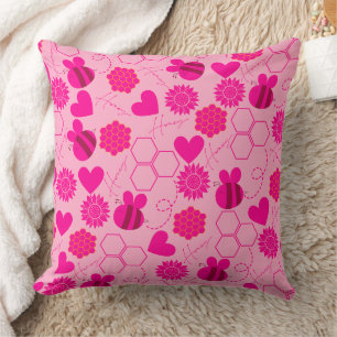 honey bee vintage sunflowers pink floral throw pillow