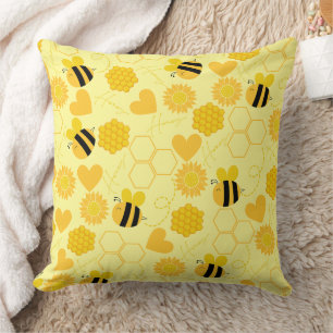 honey bee vintage sunflowers yellow floral throw pillow