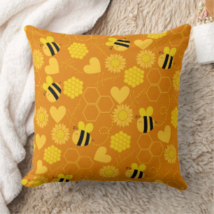 honey bee vintage sunflowers yellow floral throw pillow