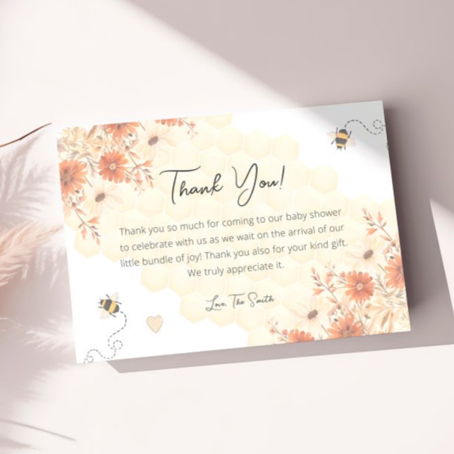 Honey Bee Wildflower Gender Neutral Baby Shower Thank You Card (Creator Uploaded)
