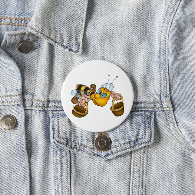 Honey Bee with Baskets Fun Busy Bee Illustration  3 Inch Round Button (Creator Uploaded)