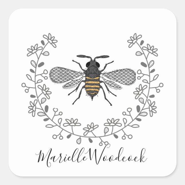 Honey Bee With Crown Laurel Logo Square Sticker (Front)