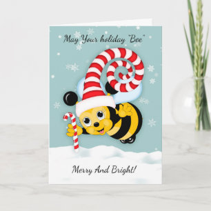 Honey Bee With Fun Holiday Hat And Candy Cane Card
