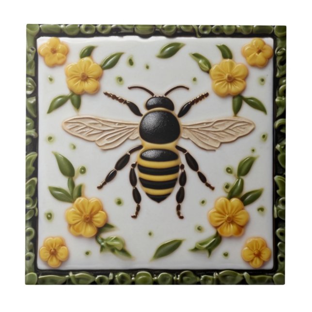 Honey bee with sweet yellow flowers floral tile (Front)