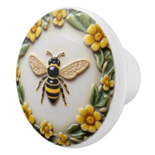 Honey Bee with Yellow Flowers Faux Relief Floral Ceramic Knob