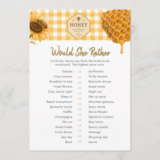 Honey Bee Would She Rather Bridal Shower Game card (Front)