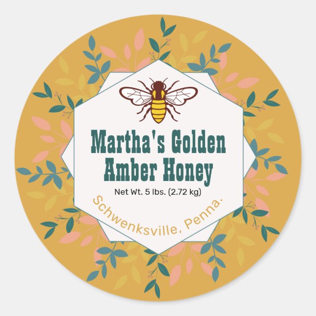 Honey Bee Wreath Light Amber Gold Honey Jar Classic Round Sticker (Front)