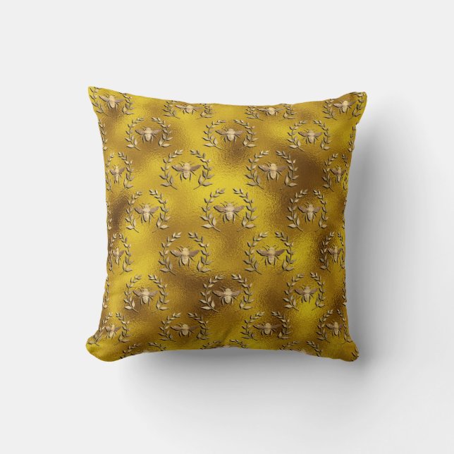 Honey bee wreath on faux gold fabric art throw pillow (Front)