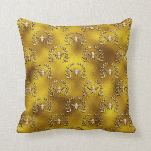 Honey bee wreath on faux gold fabric art throw pillow