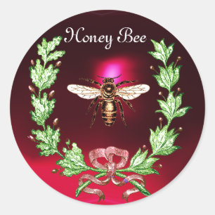 HONEY BEE ,WREATH WITH OAK LEAVES  AND RED RIBBON CLASSIC ROUND STICKER