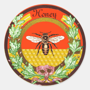 HONEY BEE ,WREATH WITH OAK LEAVES  AND RED RIBBON CLASSIC ROUND STICKER
