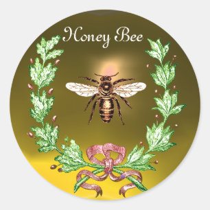 HONEY BEE ,WREATH WITH OAK LEAVES  AND RED RIBBON CLASSIC ROUND STICKER