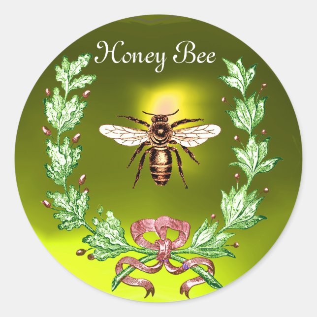 HONEY BEE ,WREATH WITH OAK LEAVES  AND RED RIBBON CLASSIC ROUND STICKER (Front)