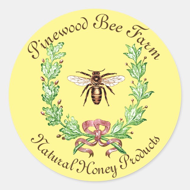 HONEY BEE ,WREATH WITH OAK LEAVES CLASSIC ROUND STICKER (Front)