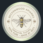 Honey Bee Yellow Beekeeper Apiary Green Border Classic Round Sticker<br><div class="desc">Label your own honey, candles, beeswax and more with this vintage black and yellow honey bee honey sticker. Personalize with your apiary business name at the top and add in your location or address below. You can edit the descriptive text to match your product or keep it general to match...</div>