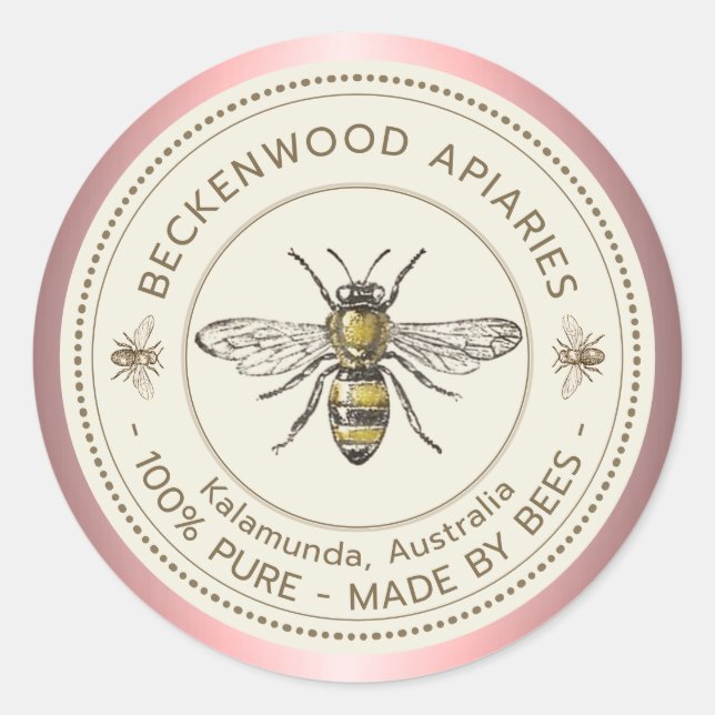 Honey Bee Yellow Beekeeper Apiary Pink Border Classic Round Sticker (Front)