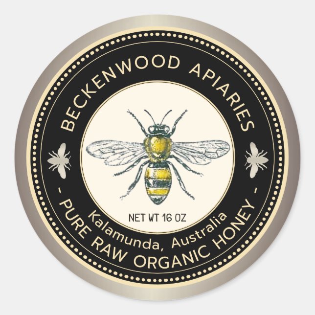 Honey Bee Yellow Beekeeper Apiary Taupe Border Cla Classic Round Sticker (Front)