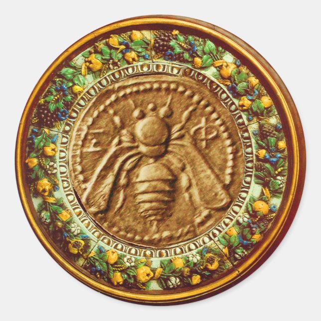 HONEY BEE / YELLOW GREEN FLORENTINE FLORAL CROWN CLASSIC ROUND STICKER (Front)