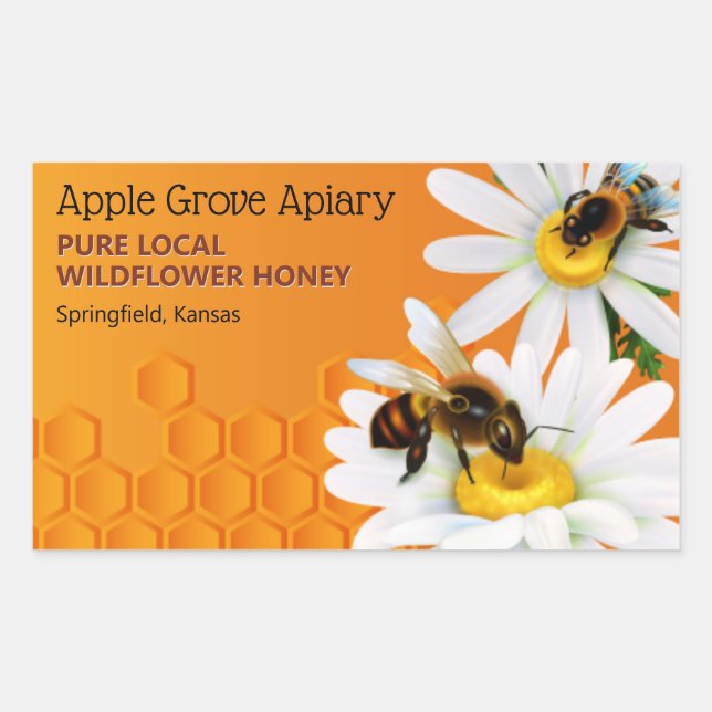 Honey Bees and Daisy Flowers Honey Jar Sticker (Front)