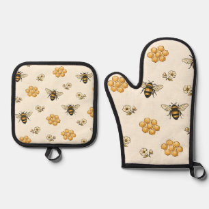 Honey Bees and Honeycomb Seamless Pattern Oven Mitt & Pot Holder Set