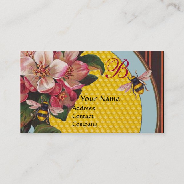 HONEY BEES AND WILD ROSES IN SKY BLUE MONOGRAM BUSINESS CARD (Front)