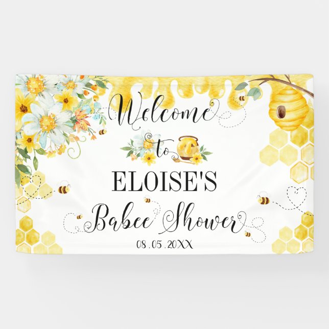 Honey Bees Baby Shower Floral Backdrop Welcome Banner (Horizontal)