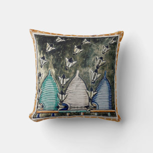 HONEY BEES ,BEE HIVE MEDIEVAL BEEKEEPER THROW PILLOW
