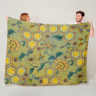 HONEY BEES,BEEHIVES,SPRING FLOWERS ,Yellow Green Fleece Blanket