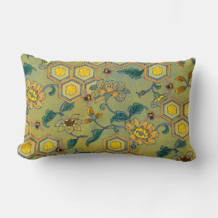 HONEY BEES,BEEHIVES,SPRING FLOWERS Yellow Green Lumbar Pillow